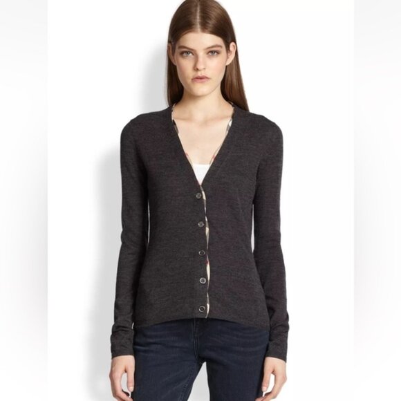 Burberry Brit Nova Check Trim Wool Cardigan Sweater V Buttons Lightweight Soft M - Picture 2 of 16